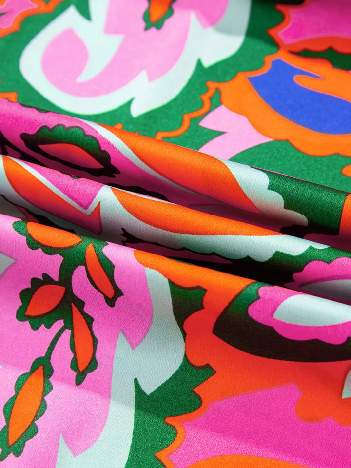 Tropical Print Short Sleeve Tie Neck Blouse