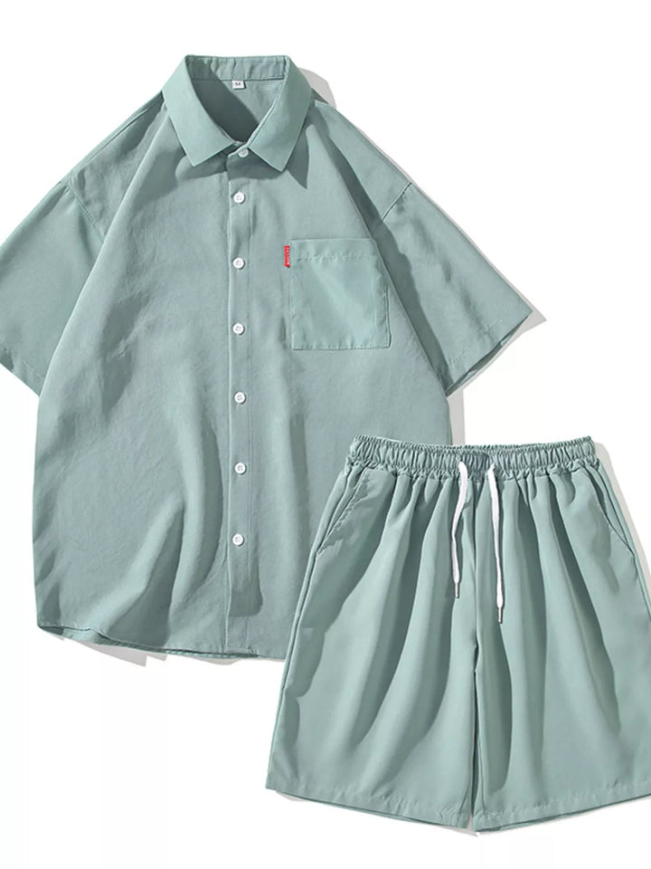 Men's Plus Size Casual Solid Color Shirt & Shorts Set