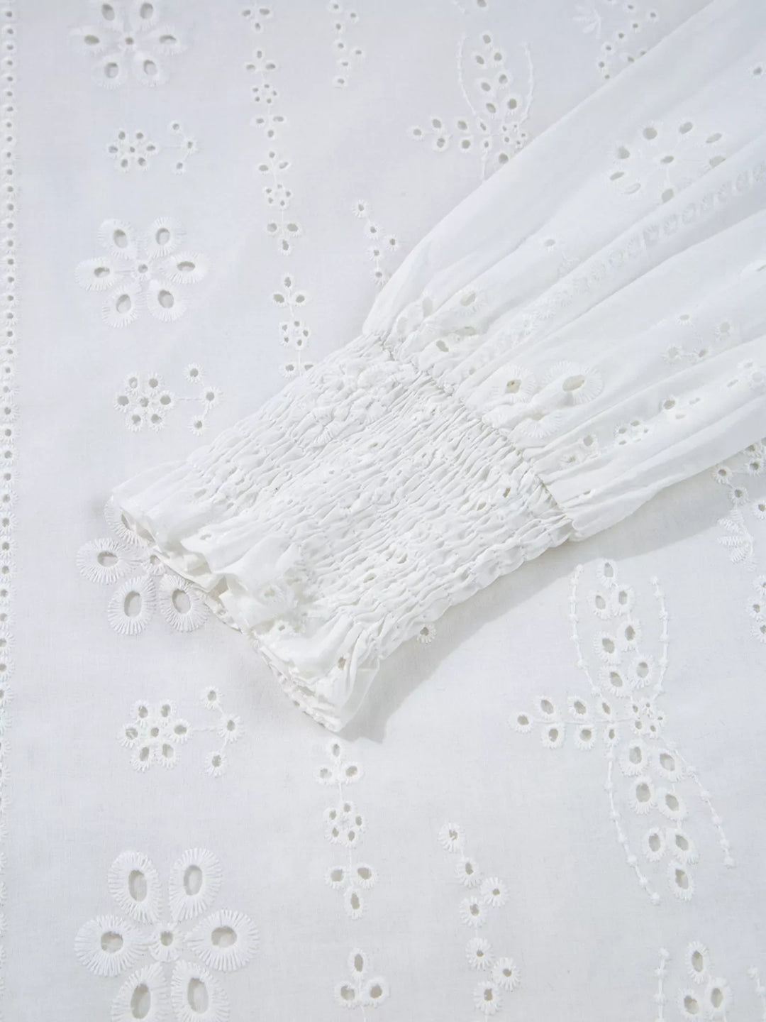 Eyelet Embroidered Smocked Cuff Sheer Blouse