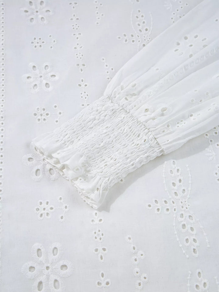 Eyelet Embroidered Smocked Cuff Sheer Blouse