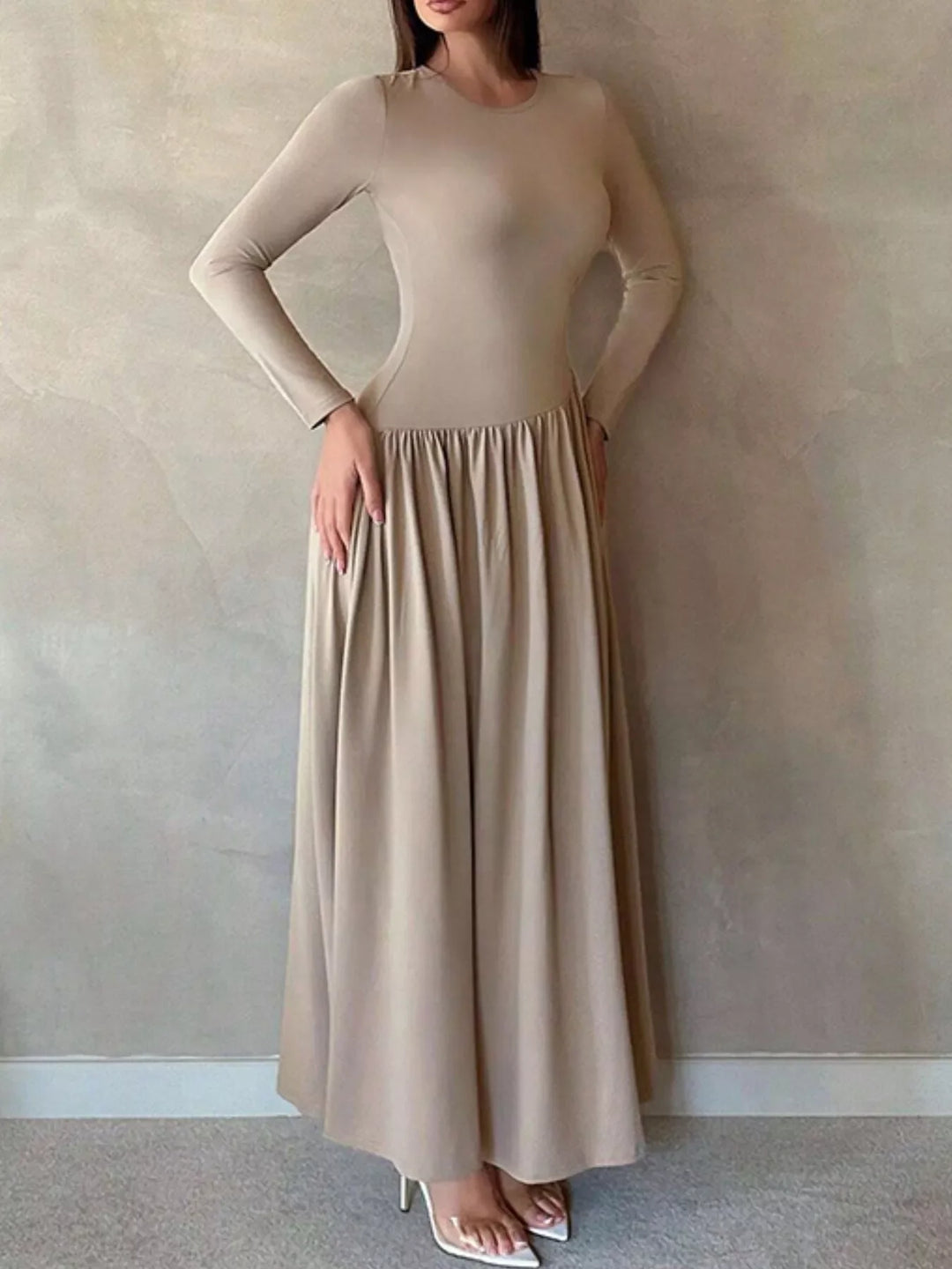 Long Sleeve Ruched A-Line Maxi Dress