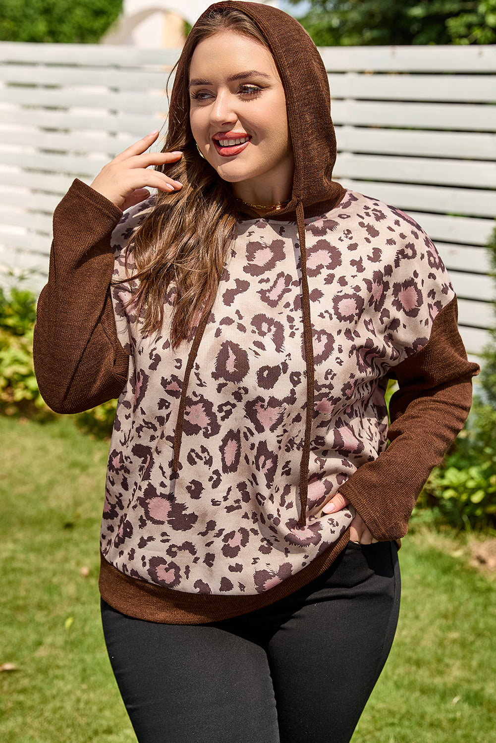 Brown Leopard Print Knit Patchwork Plus Hoodie