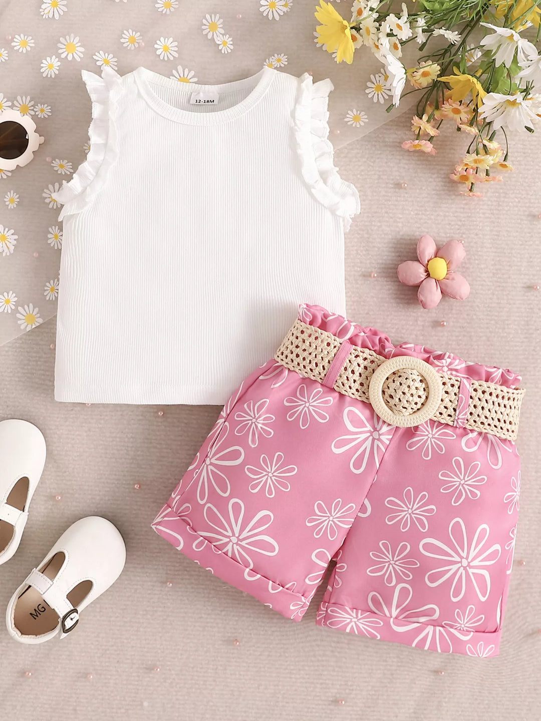 Children's Frill Sleeveless Top and Belt Shorts Set
