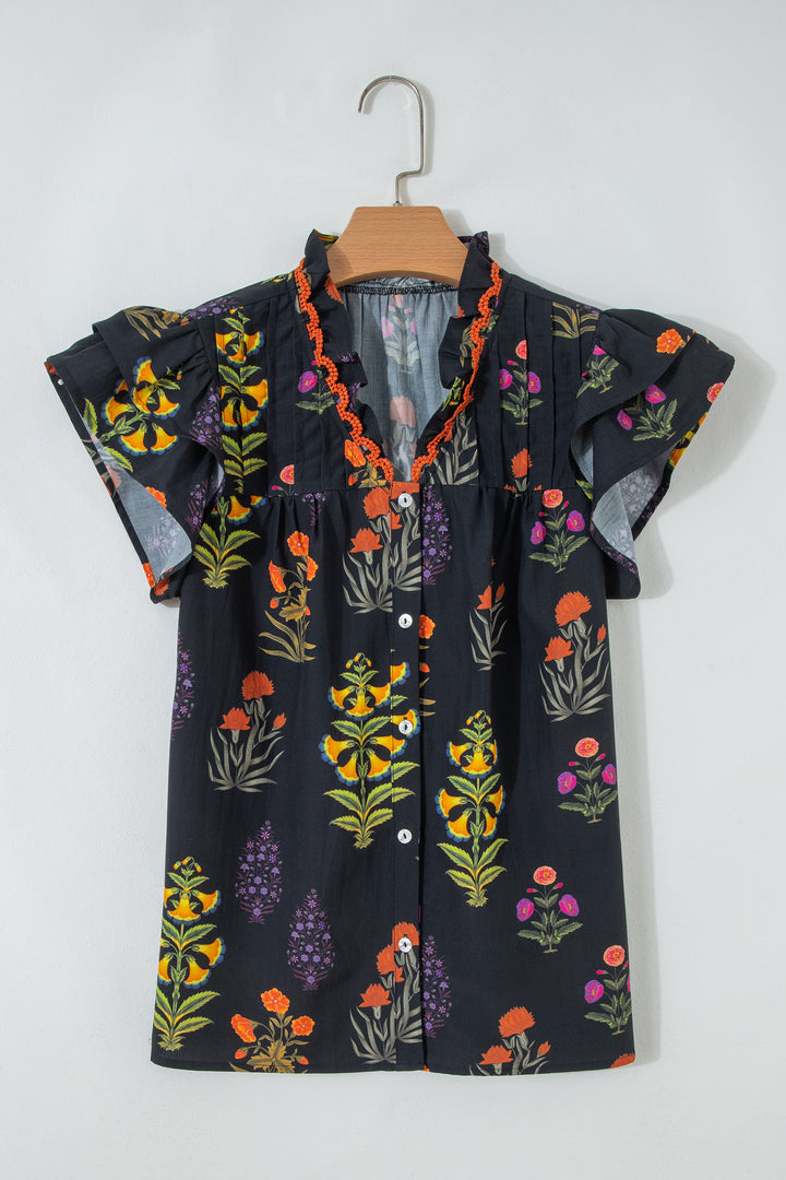 Black Floral Print Lace Trim Frilled V Neck Short Sleeve Shirt