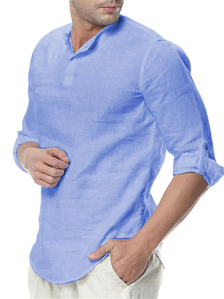 Men's Plus Size Solid Color Roll-Up Sleeves Blouse