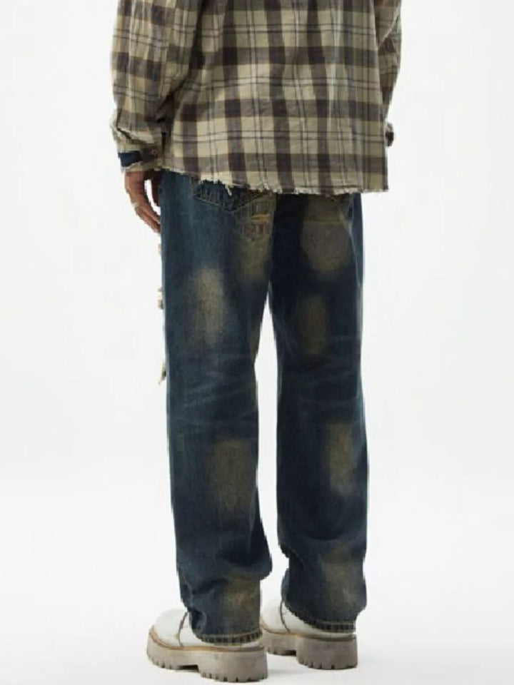 Men's Distressed Wash Relaxed Fit Wide Leg Jeans