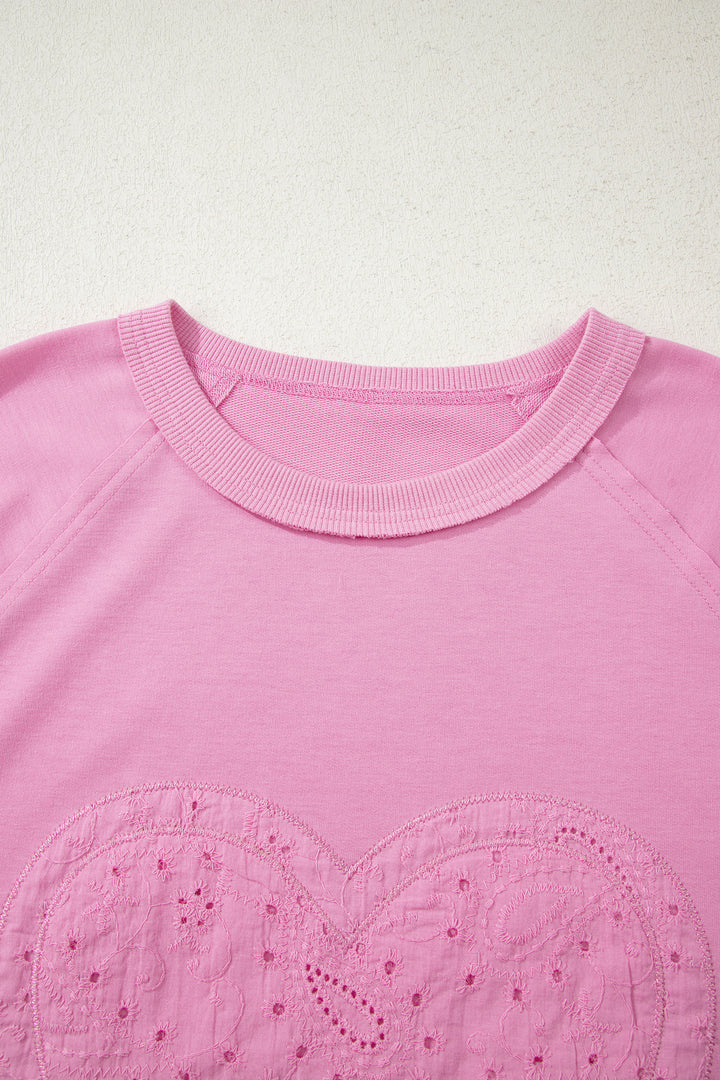 Pink Paisley Broderie Anglaise Valentine Heart Pattern Long Sleeve Patchwork Top