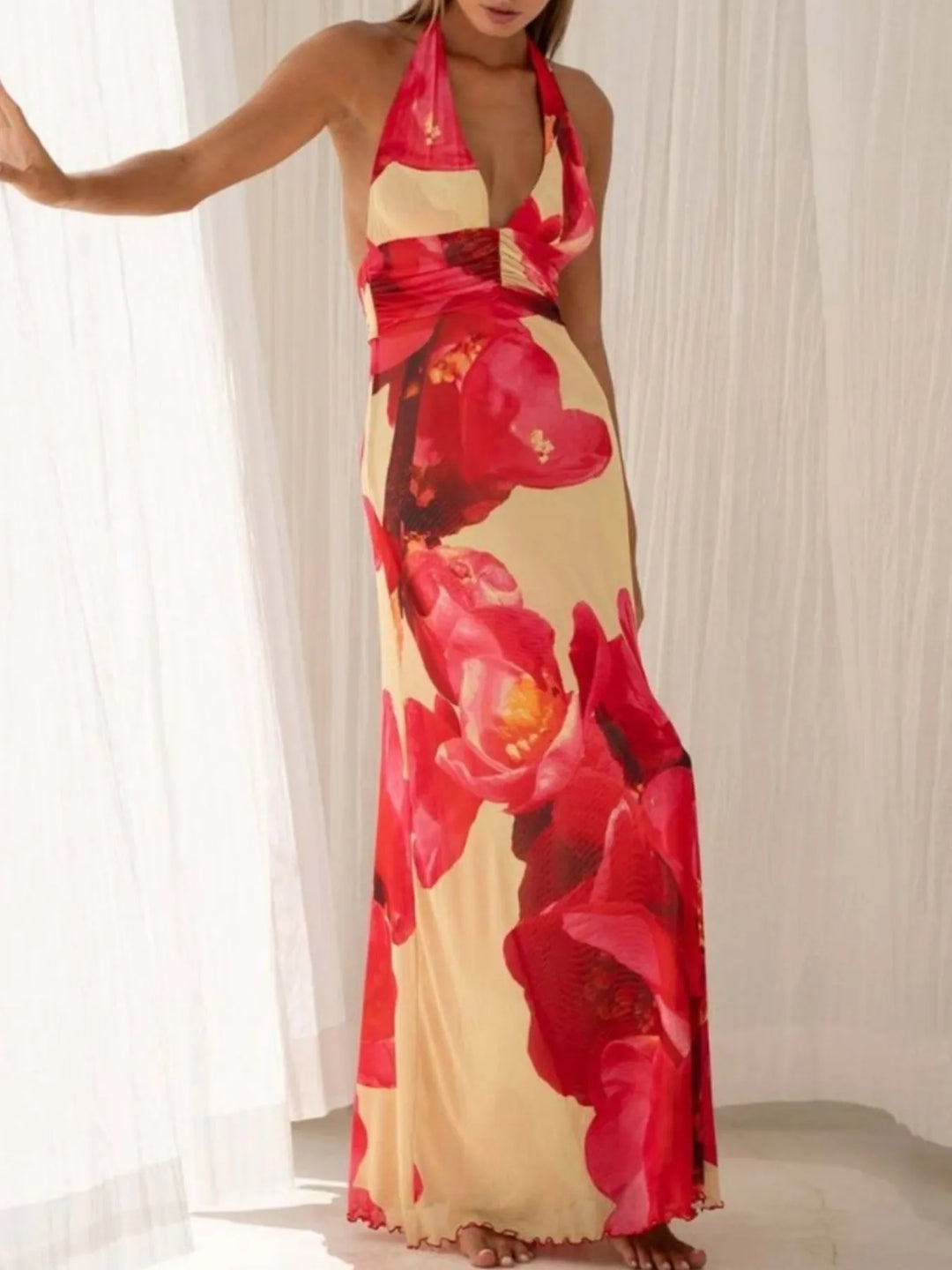 Floral Halter Neck Deep V Maxi Dress