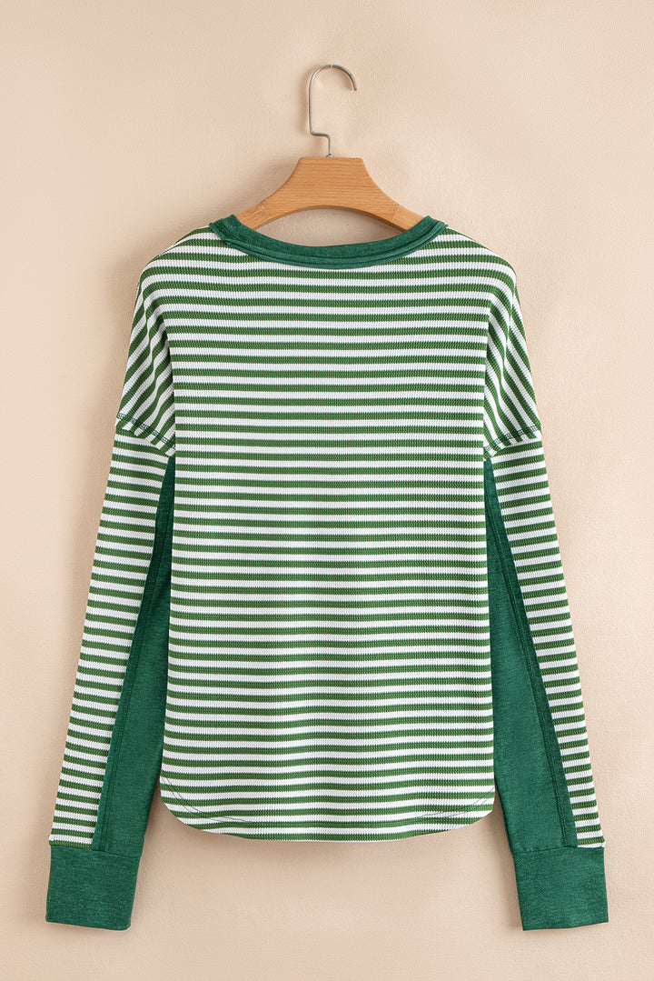 Green Stripe Exposed Seam Patchwork Plus Size Thermal Top