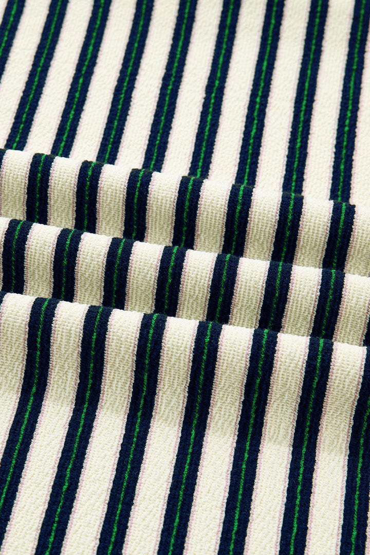 Navy Blue Striped Print Contrast Collar Zip V Neck Long Sleeve Top