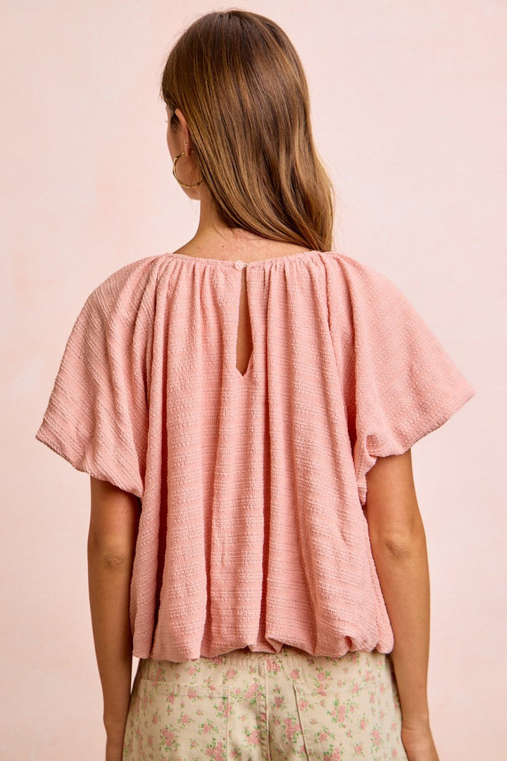 BiBi Stripes Textured Shirred Neckline Bubble Hem Top