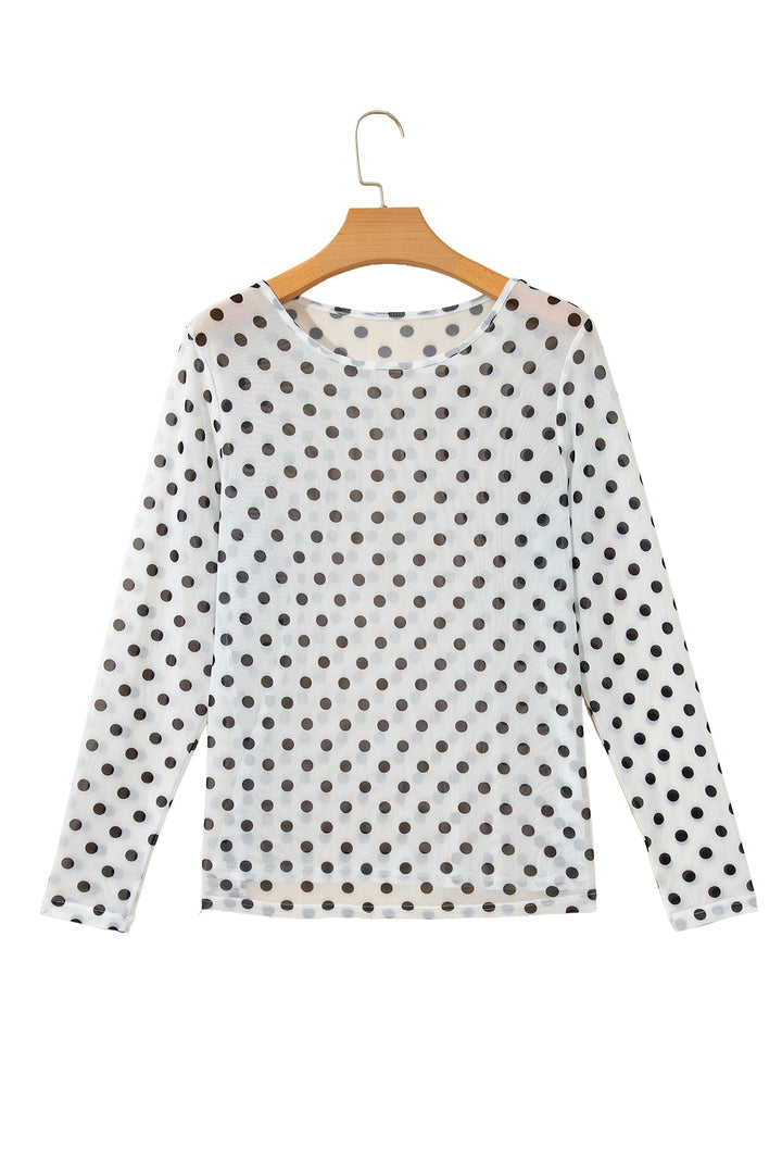 Black Polka Dot Sheer Mesh Long Sleeve Round Neck Shift Top