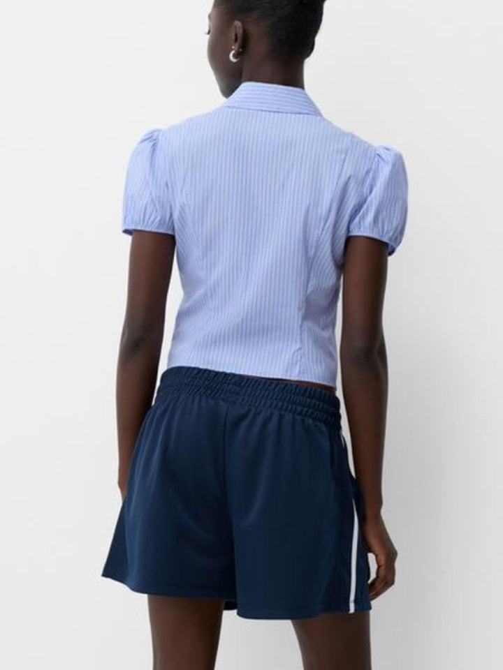 Striped Button Up Puff Sleeve Shirt