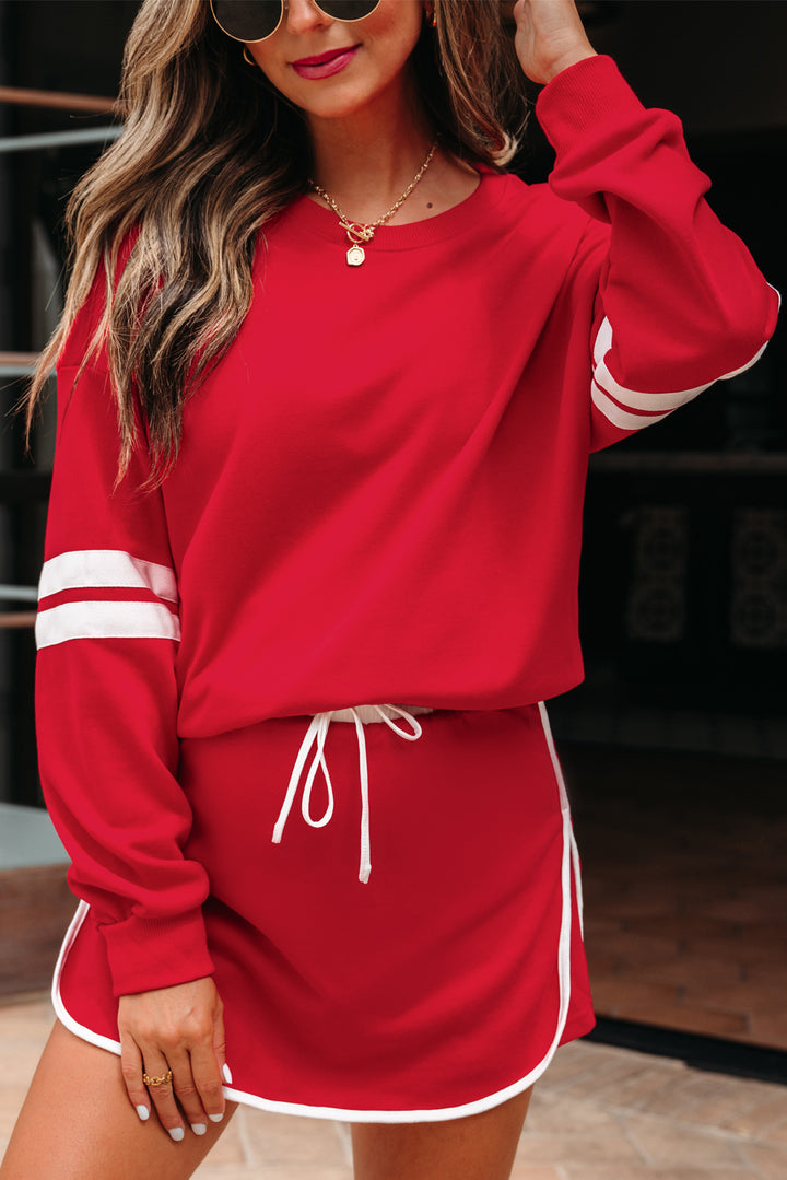 Fiery Red Varsity Stripe Detail Drop Shoulder Pullover Mini Skirt Set