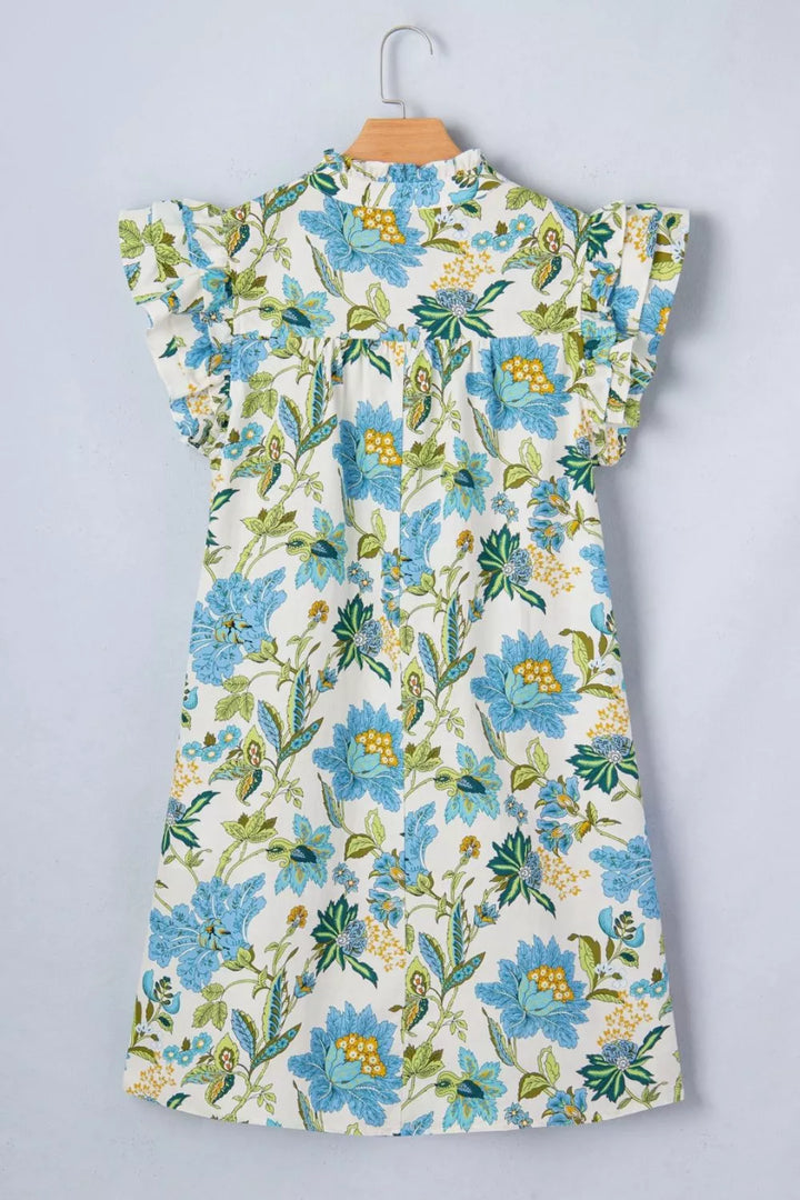 Floral Print V Neck Triple Ruffle Short Sleeve Shift Mini Dress