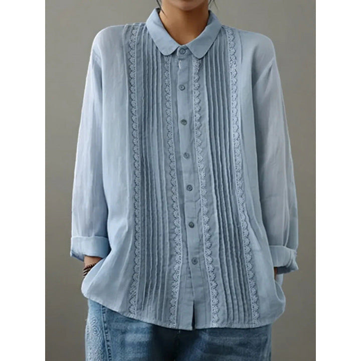 Womens Cotton-Linen Long-Sleeve Loose Shirt With Lace Trim