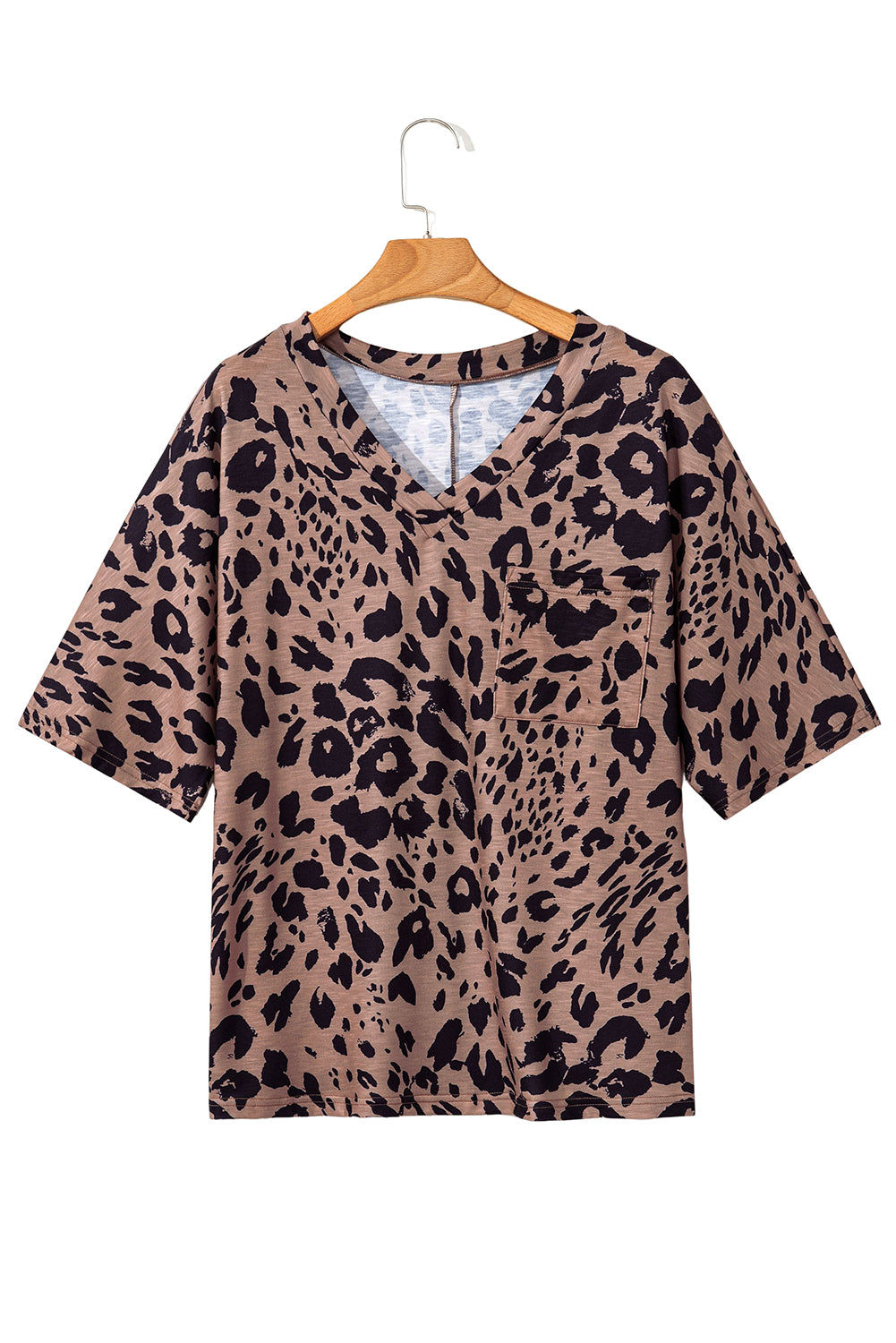 T-shirt surdimensionné marron à col en V et manches mi-longues à imprimé léopard