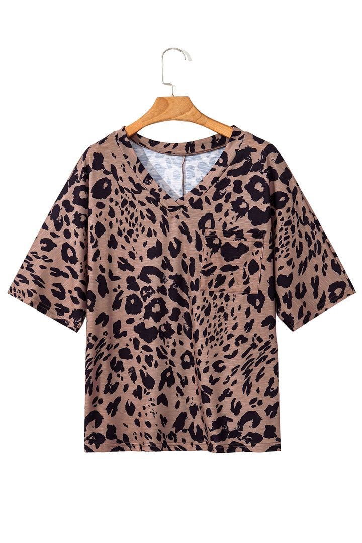 T-shirt surdimensionné marron à col en V et manches mi-longues à imprimé léopard