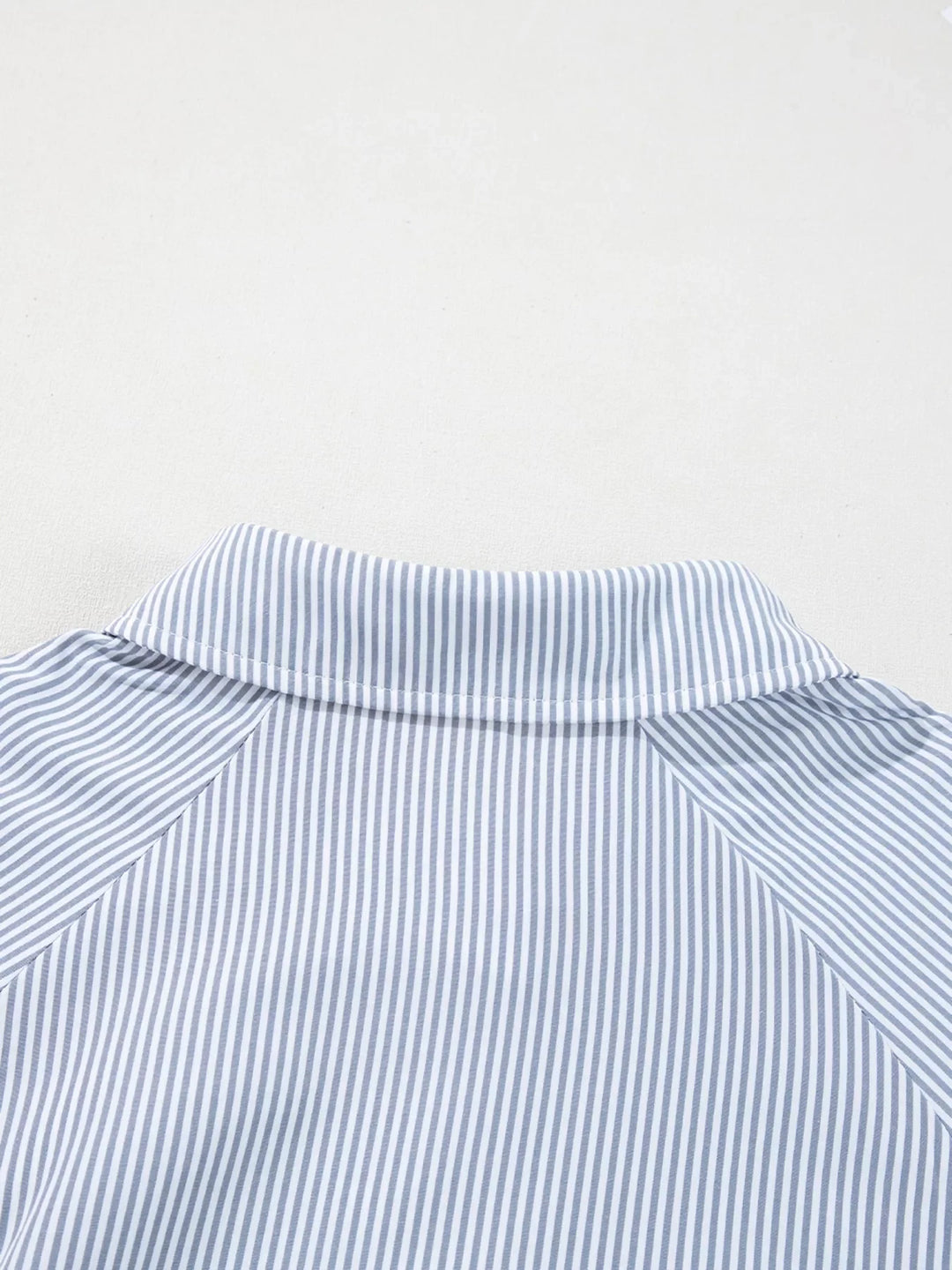 Pinstripe Long Sleeve Smocked Cuffs Button Shirt Collar Blouse