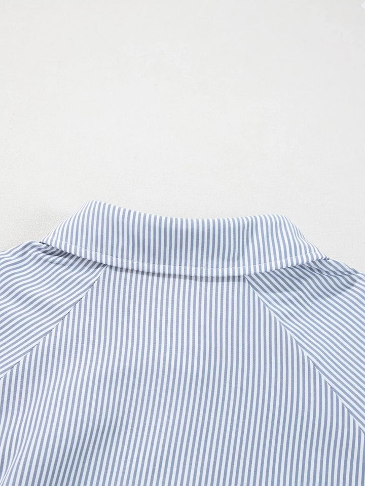 Pinstripe Long Sleeve Smocked Cuffs Button Shirt Collar Blouse