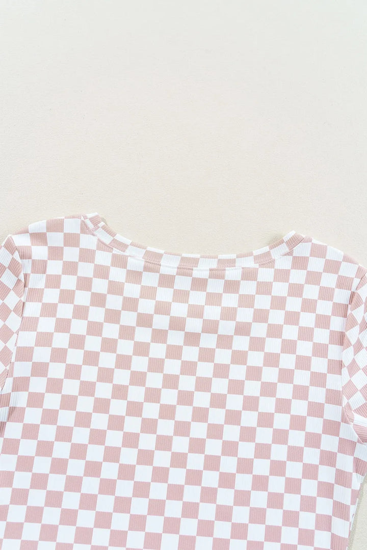 Checkered Ribbed Slim Fit Crew Neck T Shirt