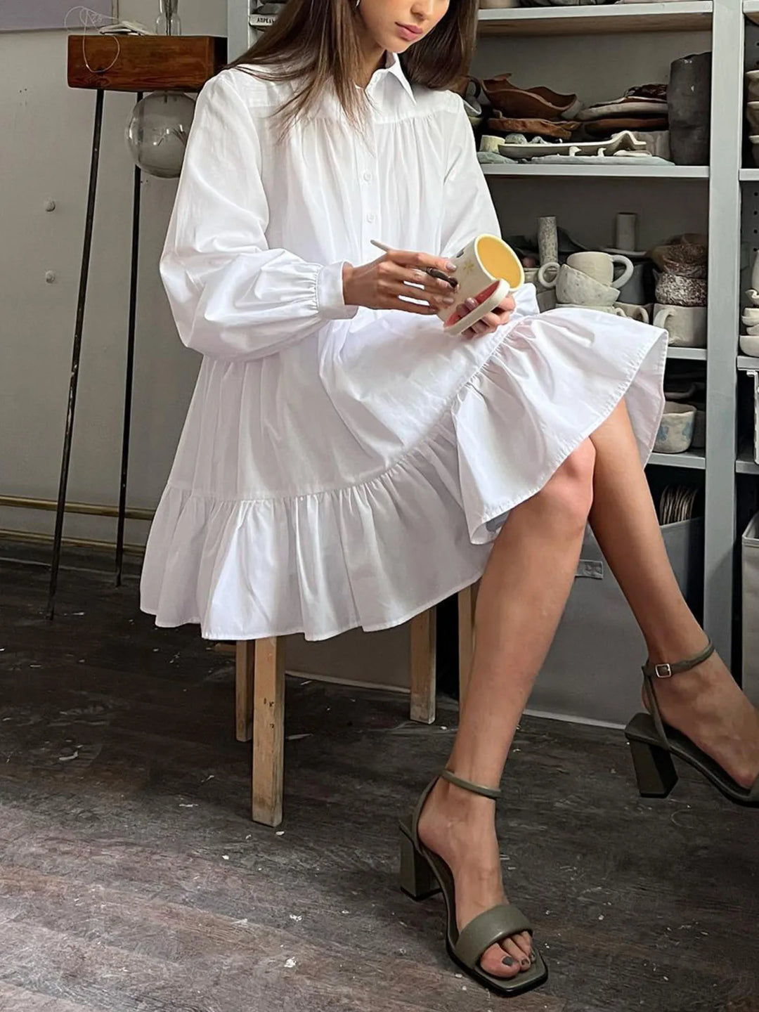 Tiered Long Sleeve Shirt Dress