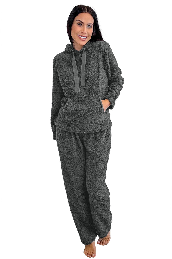 Medium Grey Fuzzy Drawstring Hoodie Lounge Pants 2pcs Set