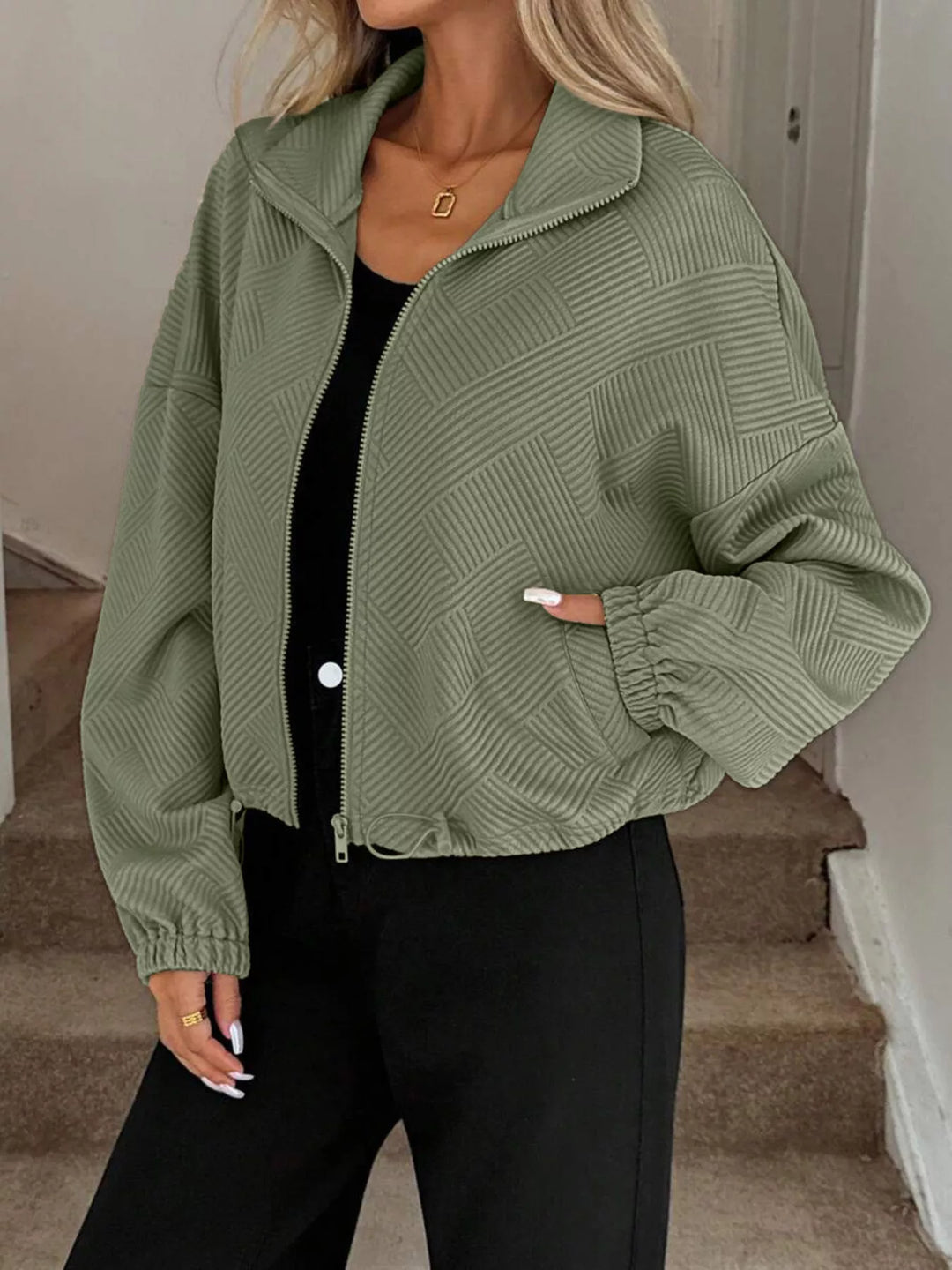 Drawstring Hem Textured Long Sleeve Jacket