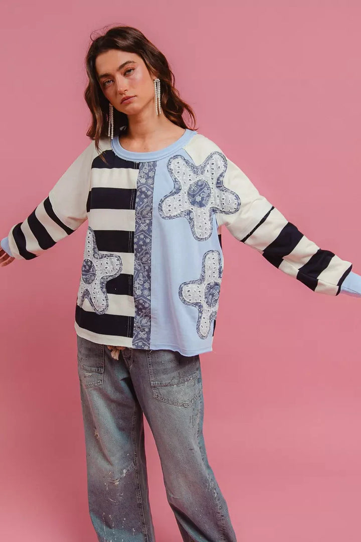BiBi Patchwork Striped Round Neck Sweatshirt