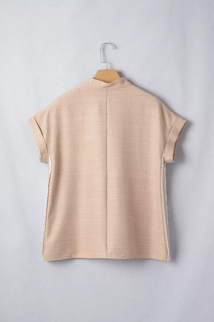 Crochet Lace Accent Pullover Rolled Short Sleeve Blouse