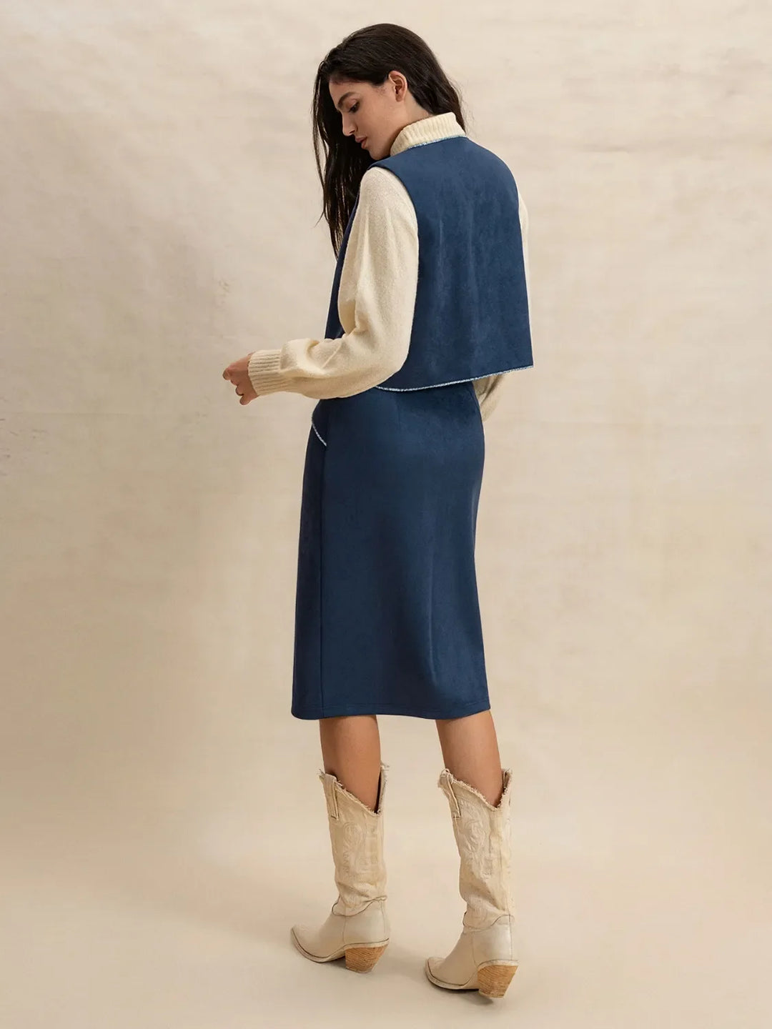 Open Front Vest and Buttoned Skirt Set
