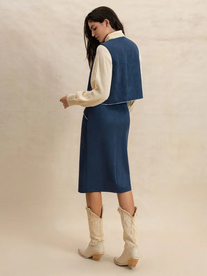 Open Front Vest and Buttoned Skirt Set