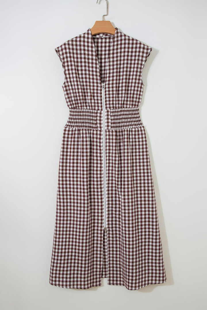 Coffee Plaid Print Full Zipper Cinched Waist Fit Flare Sleeveless Maxi Dress