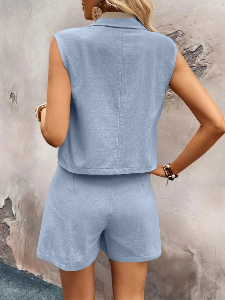 One Button Sleeveless Top and Shorts Set