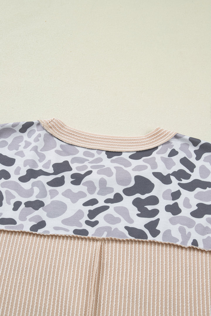 Gray Camouflage Print Twisted Ribbed Patchwork Casual T Shirt