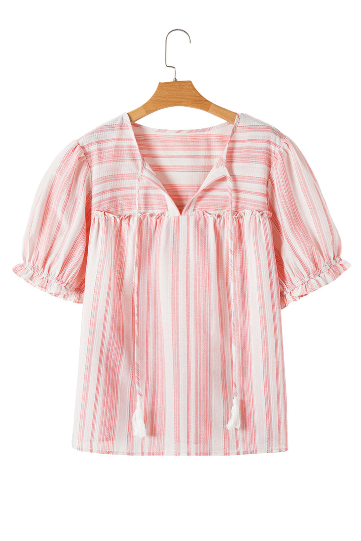 Pink Stripe Plus Size Tassel Tie Frilled Detail Short Sleeve Blouse