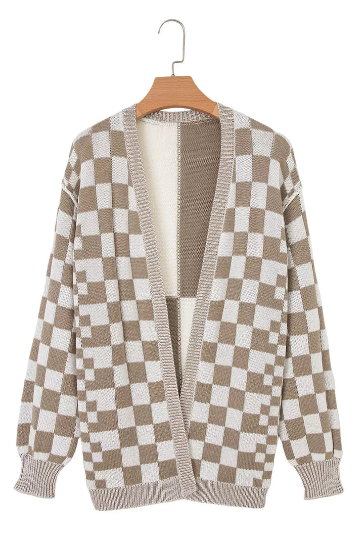 Checkerboard Print Open Front Knit Cardigan