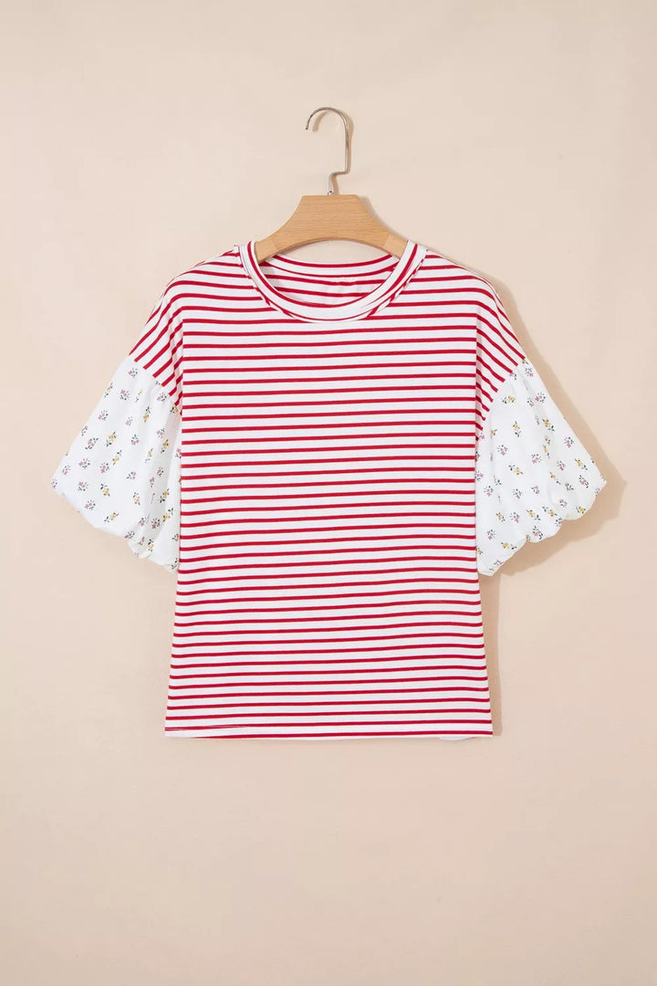 Stripe Floral Puff Sleeve Patchwork Round Neck Loose Top