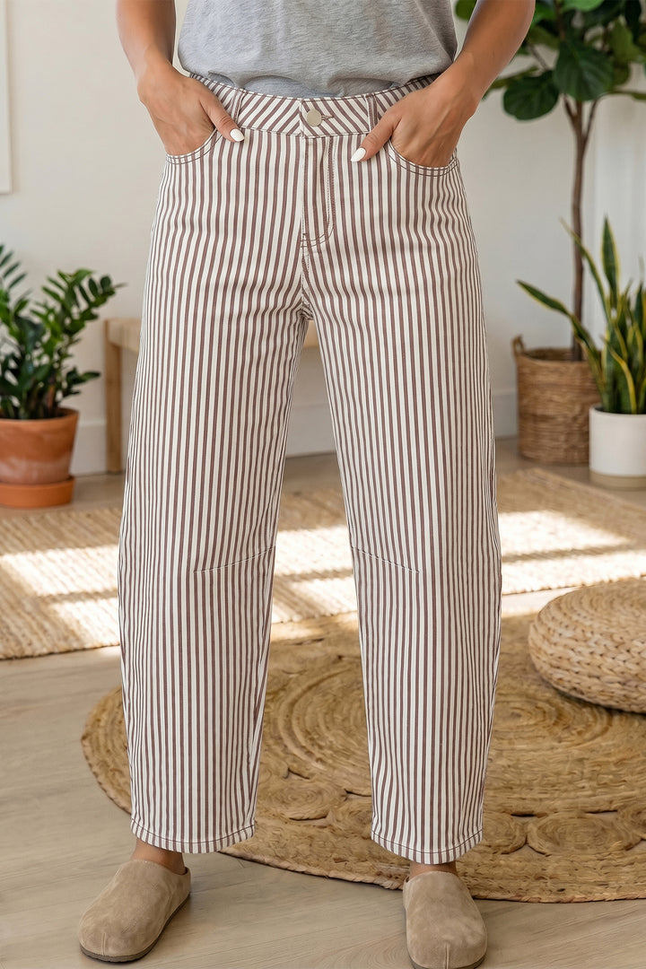 Brown Stripe Casual Barrel Jeans
