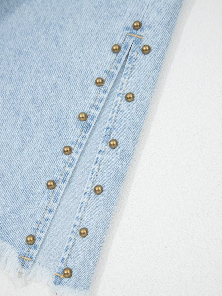 Studded Side Slit Leg Frayed Pocketed Wide Leg Jeans