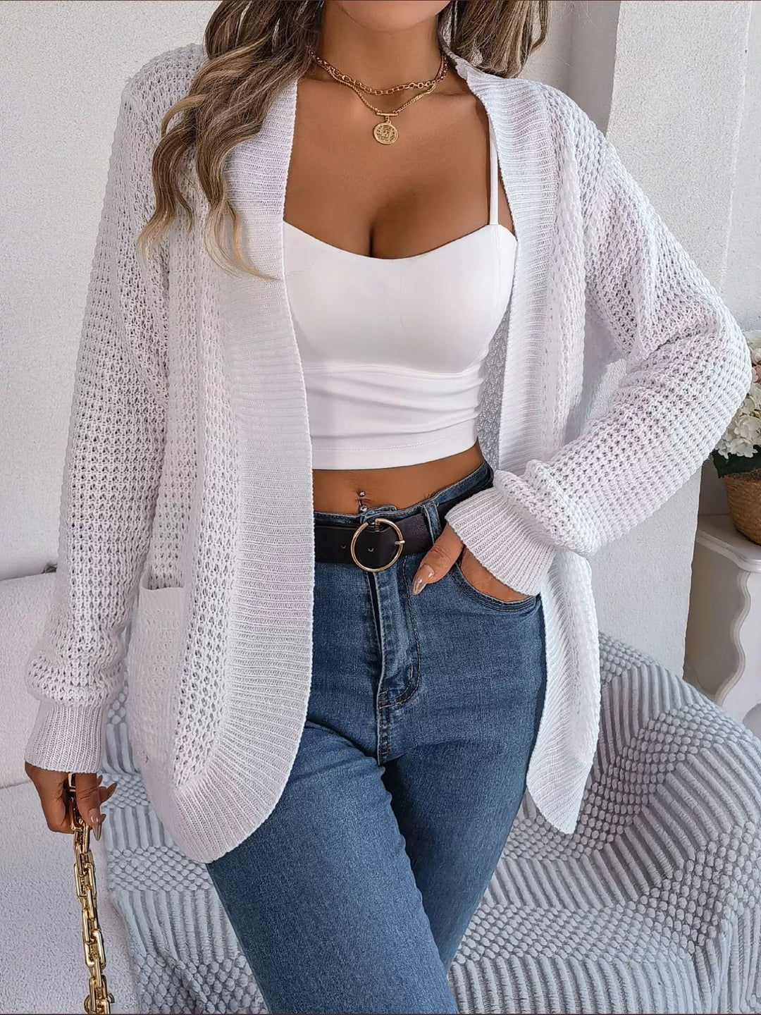 Chunky Knit Open Front Cardigan with Pockets