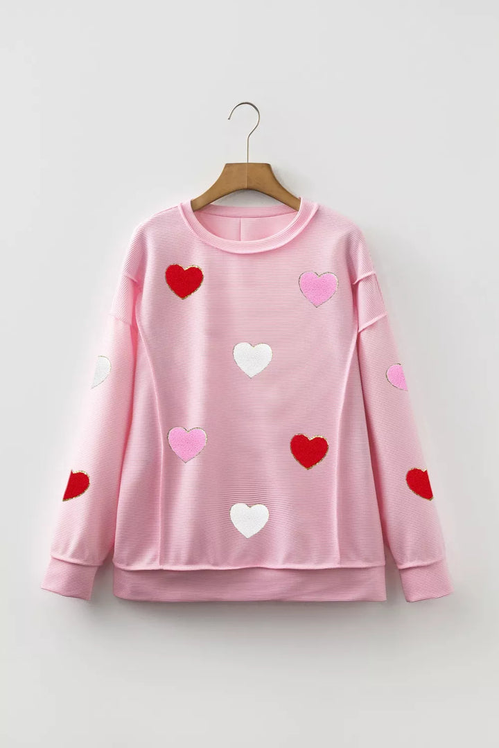 Ribbed Texture Chenille Heart Glitter Trim Patched Long Sleeve Top