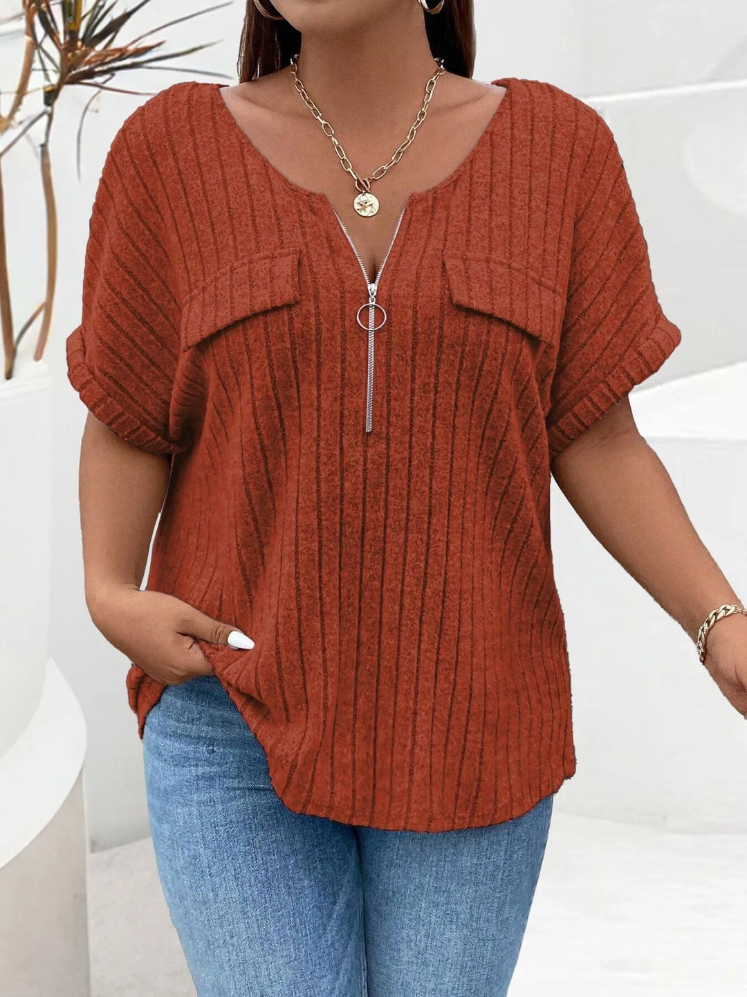 Plus Size Ribbed Half Zip Relaxed Fit T-Shirt