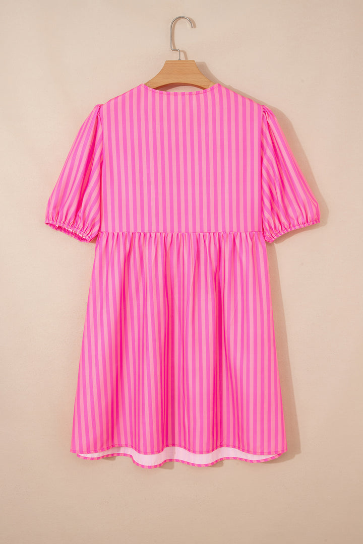 Rose Striped Print Bow Detail Short Puff Sleeve Mini Dress