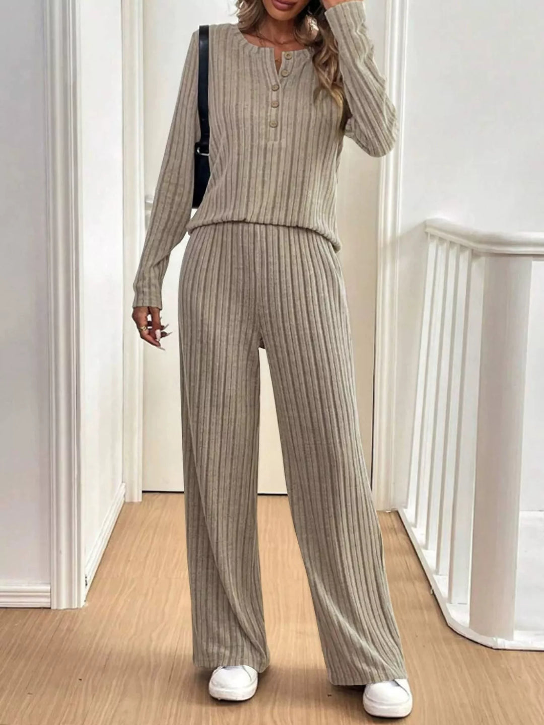 Plus Size Ribbed Knit Button-Front Top and Pants Set