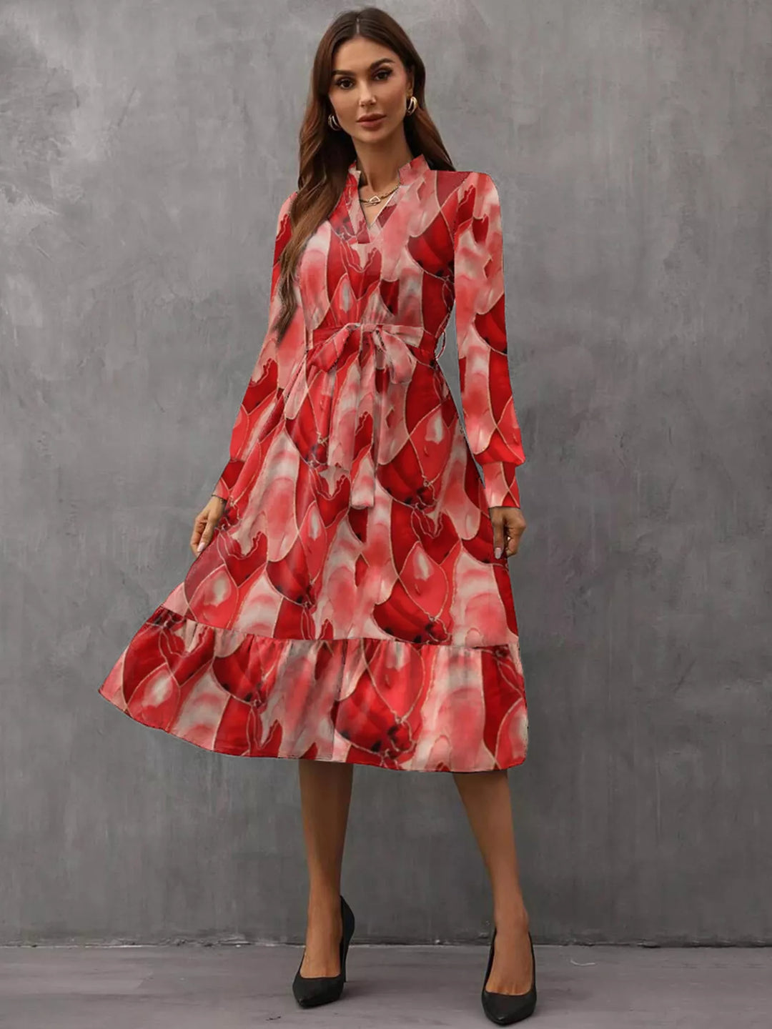 Notched Tie Waist Long Sleeve Dress