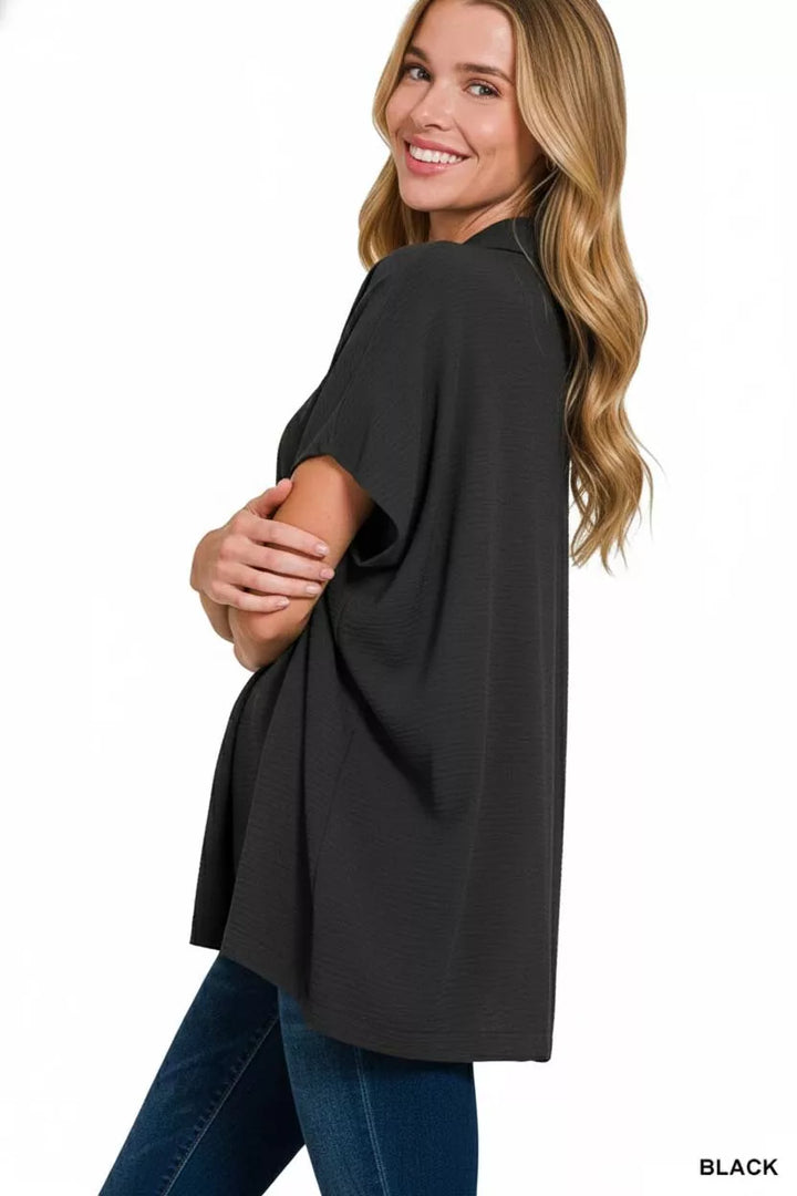 Zenana Woven Airflow Collared Short Sleeve Top