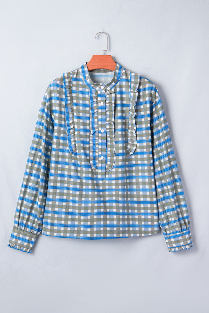 Plaid Long Sleeve Frilled Detail Half Button Blouse
