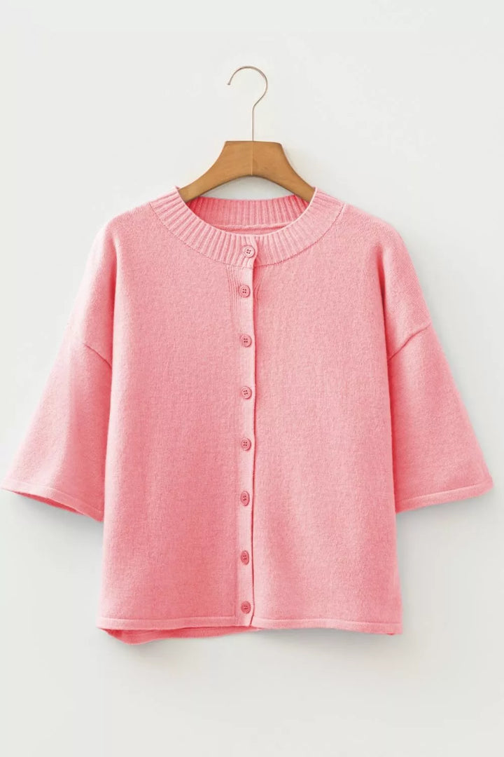 Blossom 3/4 Sleeve Boxy Knit Button Down Sweater Cardigan