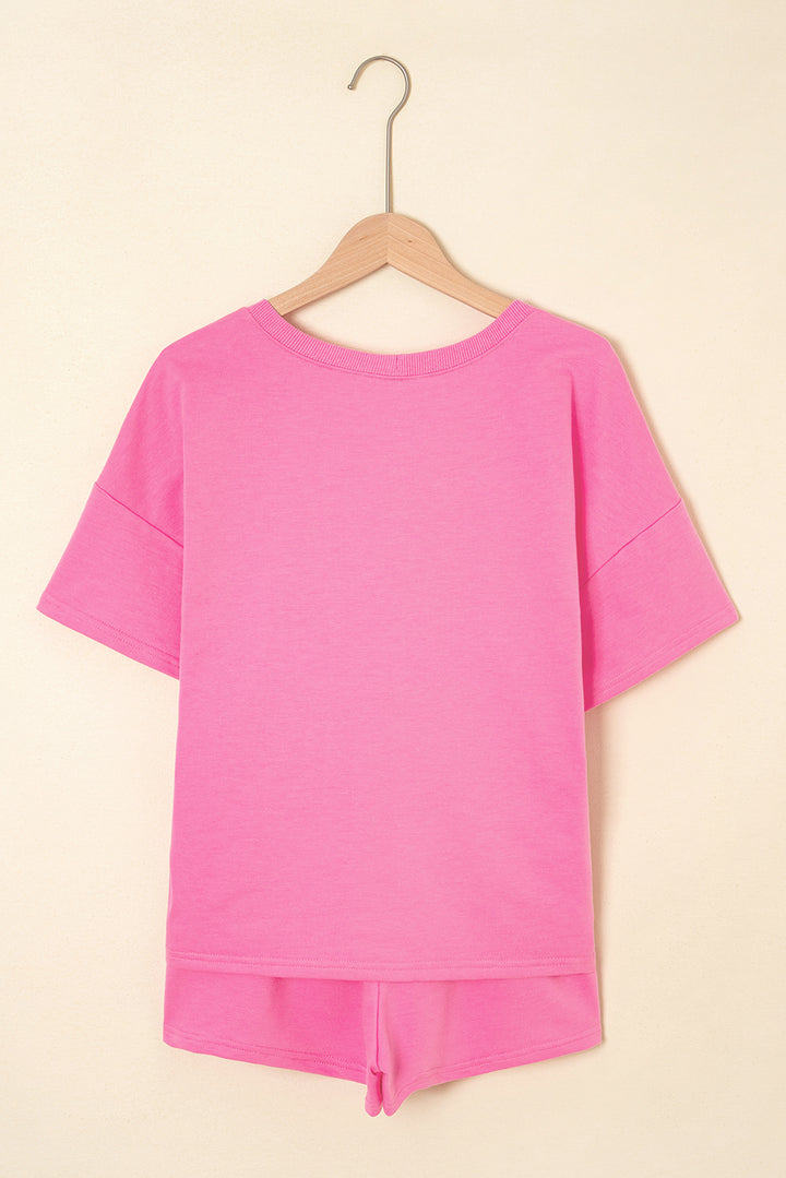 Bonbon V Neck Drop Shoulder Tee and Patchwork Drawstring Shorts Set